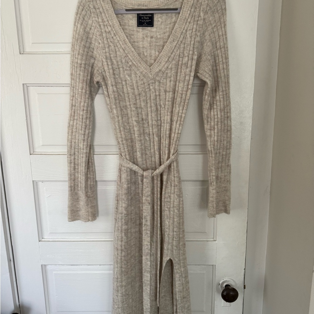 Abercrombie & Fitch Cream Ribbed Tie Front Sweater Dress